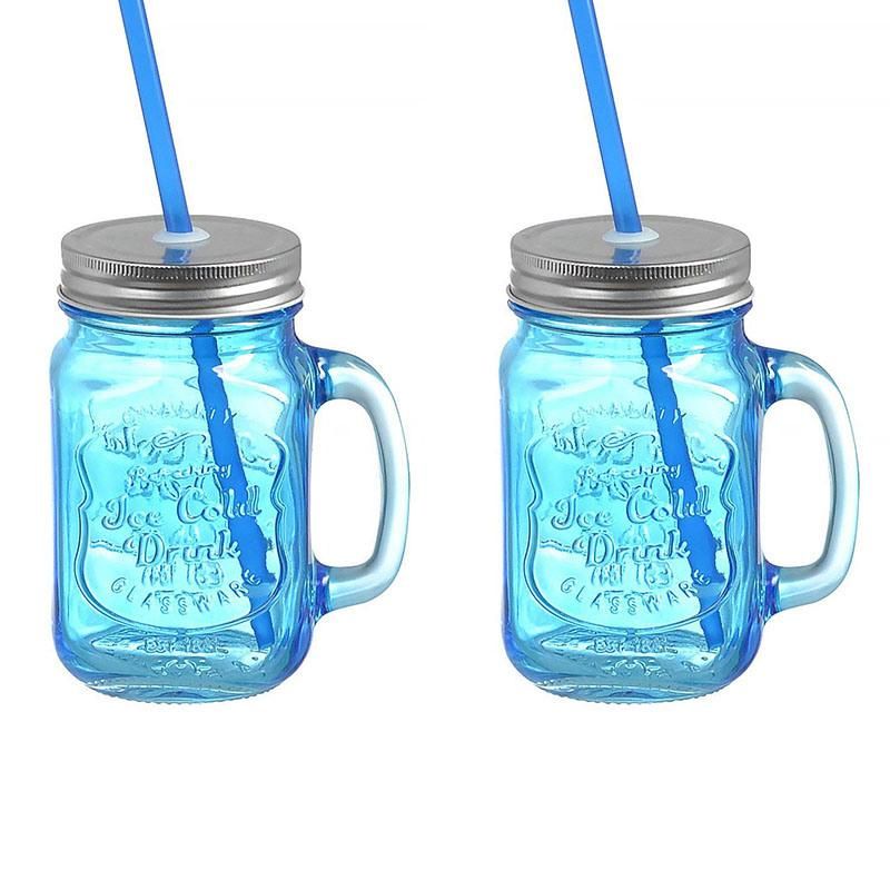 Colored Glass 16oz Mugs Jar with Handles 500ml Mason Drinking Jar