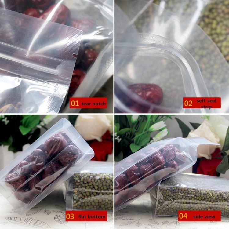 Food Grade PE Transparent Resealable Stand up Pouch Heat Seal Zipper Plastic Flat Bottom Bag