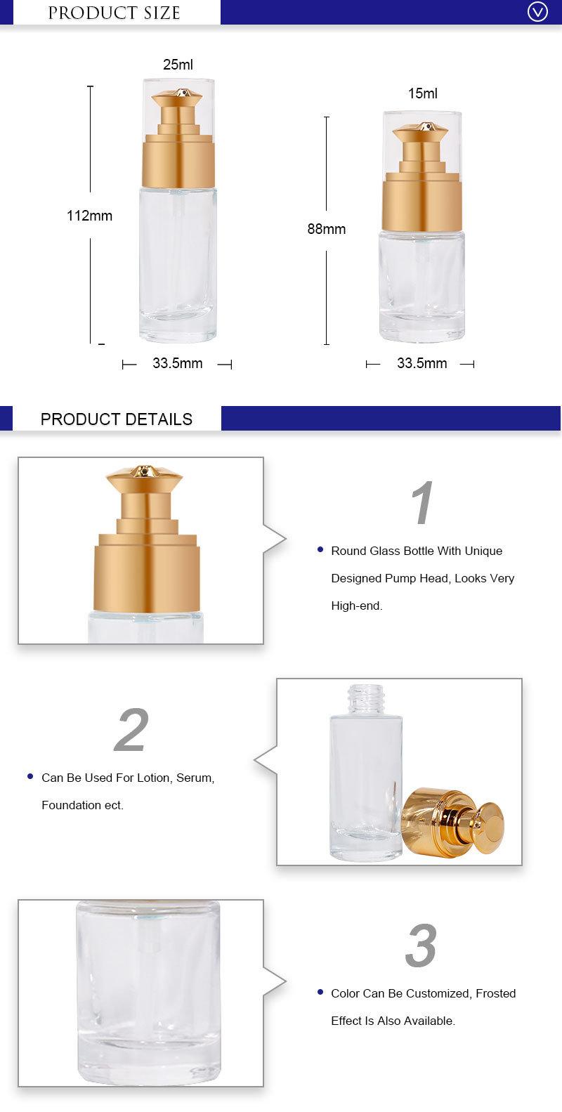 High Quality Cosmetic Packaging 25ml 15ml Round Glass Lotion Bottle with Unique Design Pump Head for Serum and Foundation