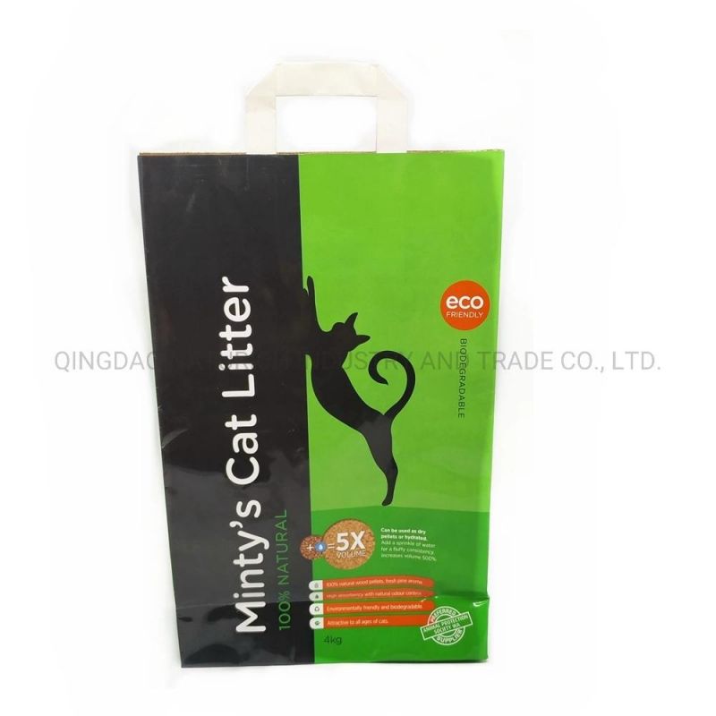 Square Bottom Handle Paper Bag 15lb 4.5kg Cat Litter Packaging Paper Bag with Handle Pet Food Bag