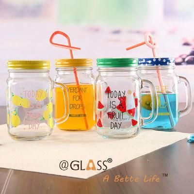 16 Ounce Glass Mason Jar with Handle with Straw