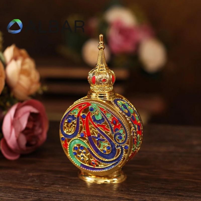 Attar Oud Colorful Zinc Zamac Round Perfume Bottles with Diamonds Glass Stick Droppers