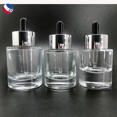 Luxury Thick Bottom Essential Oil Bottle Serum 30ml 1oz Clear Glass Dropper Round Bottle with Silver Dropper Cap