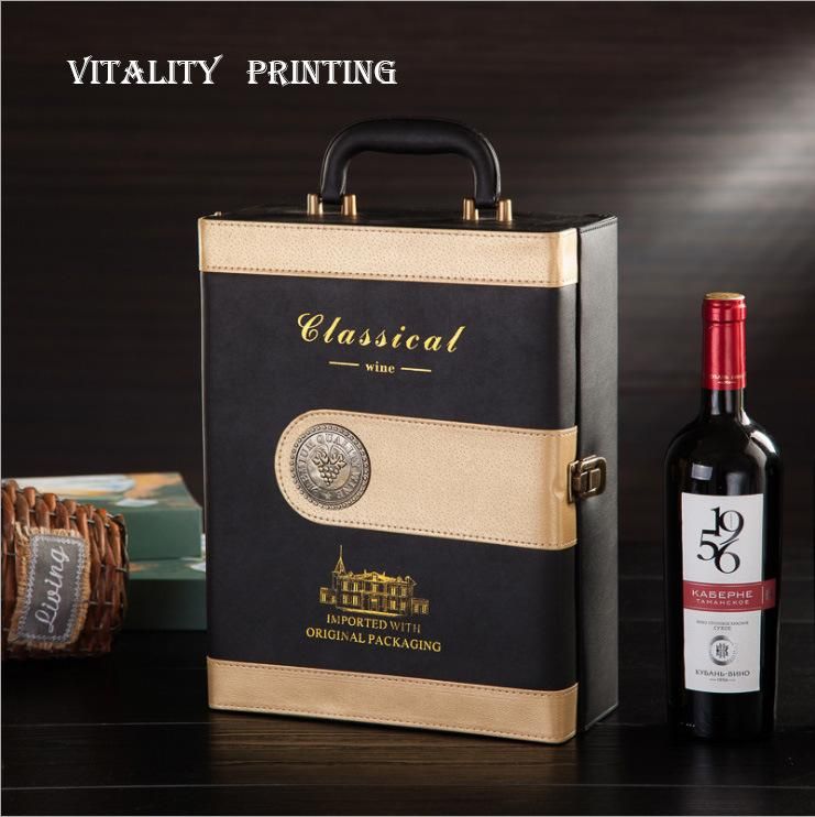 Custom Wholesale Embossed Handle Portable Hot Stamping Heat Transfer Wooden PU Leather Wine Gift Packaging Rum Brandy Gin Vermouth Whisky Liquor Packing Box