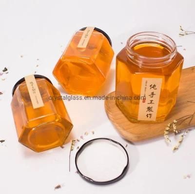 180ml 280ml 380ml Wholesale Customized Hexagonal Glass Honey Jar with Tinplate Lid