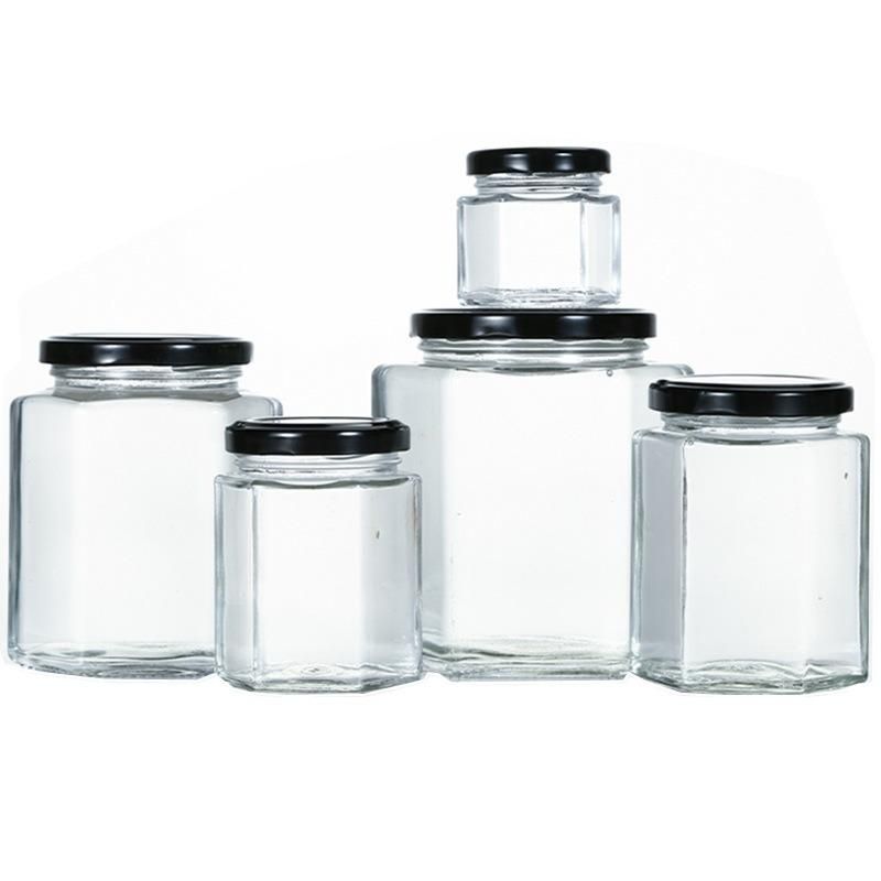 High Quality Jam Jar Honey Bottle Containers Honey Jars Glass Hexagonal with Screw Metal Lids