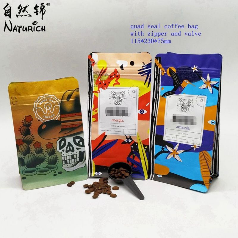 Quad Seal Bag with Zipper and Valve Coffee Packaging Bag