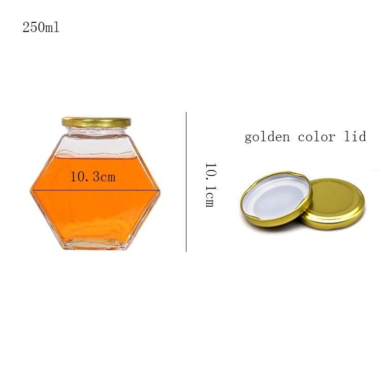 250ml 8oz Flat Hexagon Honey Jam Glass Sauce Bottle with Metal Lid