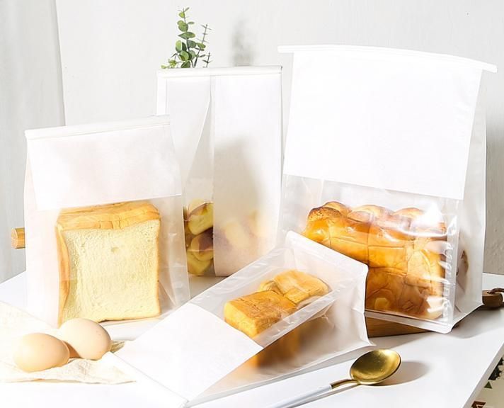 White Food Grade Cotton Paper Bread/Toast Flat Bottom Packaging Bag with Clear Window and Tin Tie