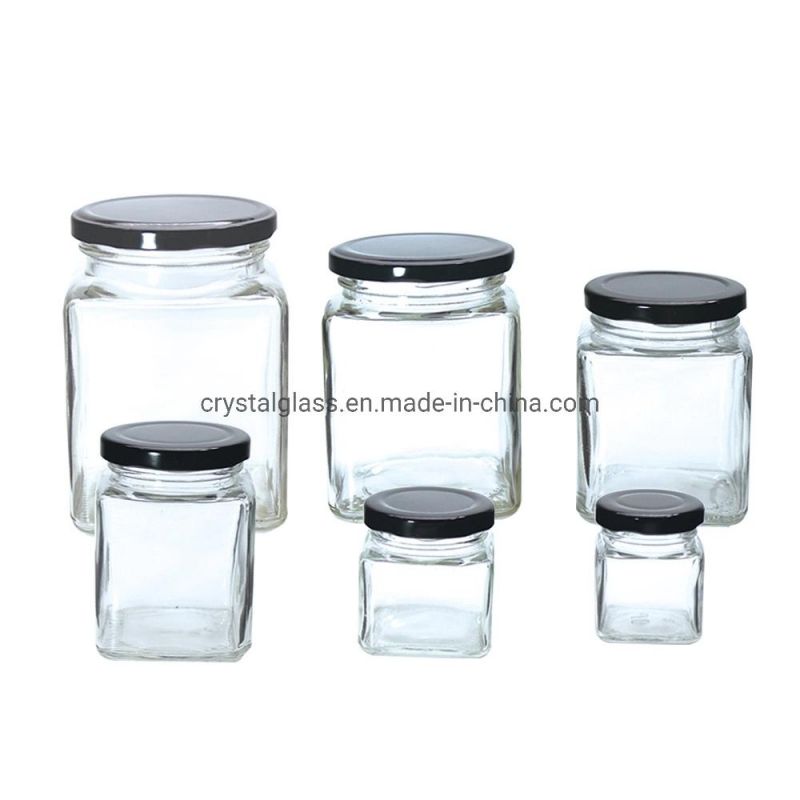Various Sizes Square Honey Jam Jelly Glass Jar with Black Lug Lid for Food Packaging Jar