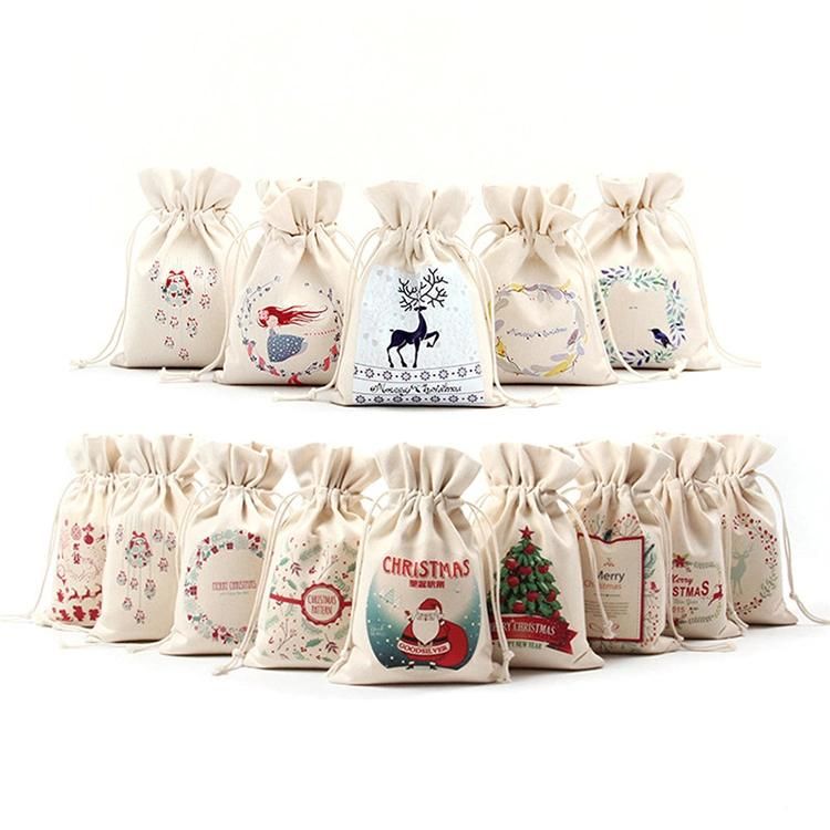 Wholesale Customized Design Festival Seasonal Gift Christmas Food Portable Reusable Promotion Pouch Packing Double Pull Cord Muslin Canvas Cotton Drawstring Bag