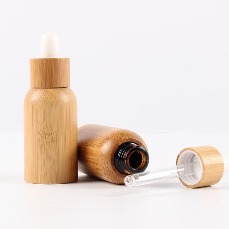 Eco Friendly Wood Cap Bamboo Essential Oil 10ml 15ml 20ml 30ml 50ml Empty Pipette Glass Containers Cosmetic Dropper Bottle