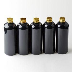 300ml Pet Plastic Round Shoulder Black Cosmetic Shampoo Bottle with Gold and Silver Screw Cap