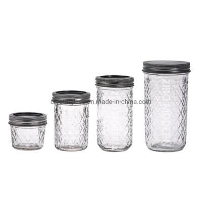 16oz Embossed Diamond Pattern Glass Mason Jar Food Honey Packing Jar Customized Color Caps