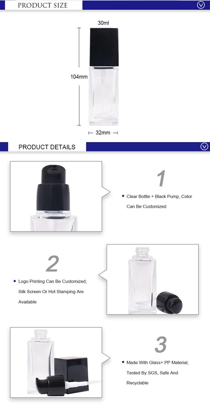 Hot Selling 30ml Glass Clear Empty Lotion Bottle with PP Black Pump