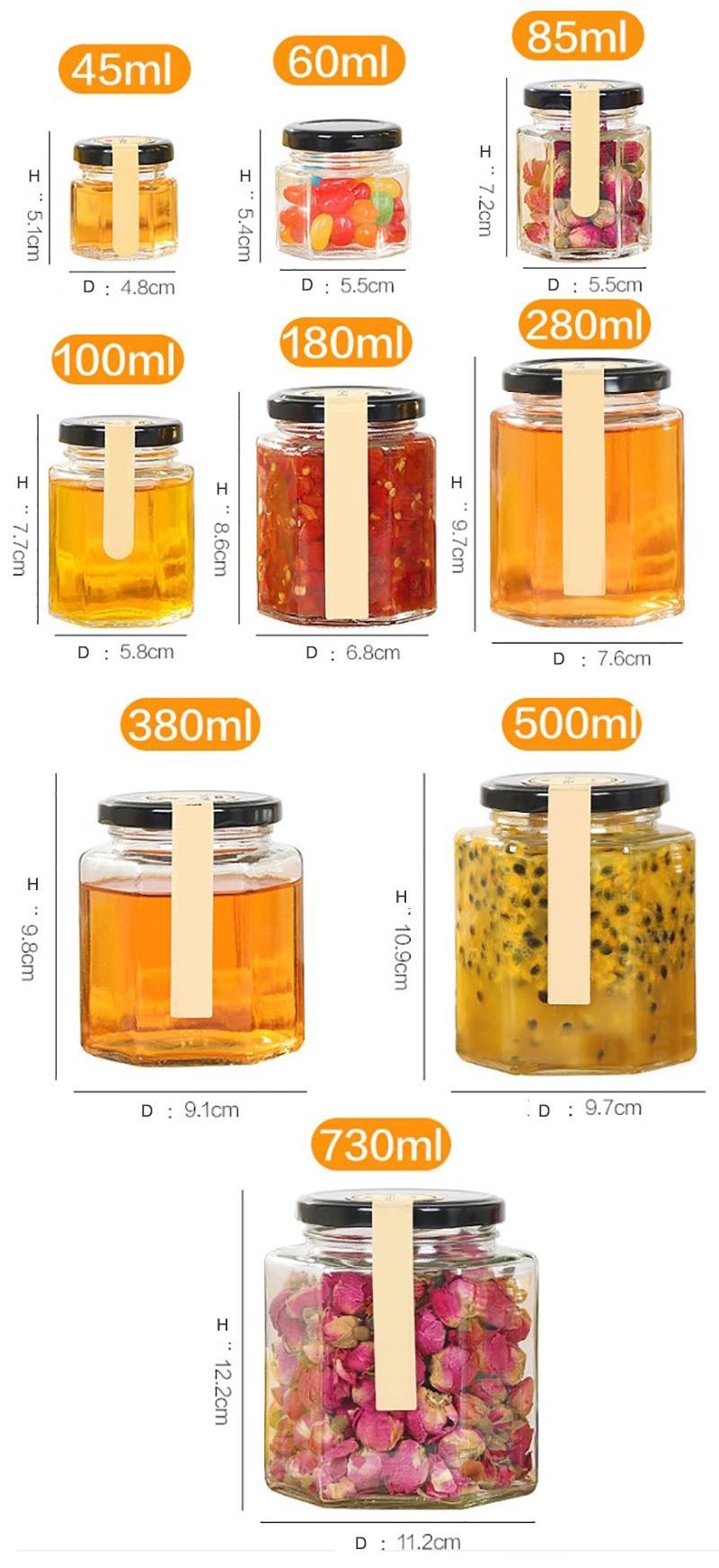 Six Edge Food Storage Glass Honey Pickles Jar with Black Lid