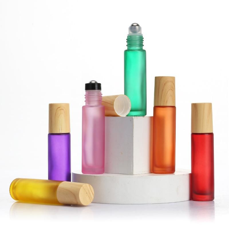 10ml Colorful Empty Glass Roll on Perfume Oil Lip Glass Roll on Bottle with Black Cap Wooden Cap