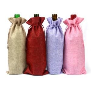 Wholesale Logo Customized Promotional Polyester Jute Drawstring Wine Bags, Packaging Bottle Bag