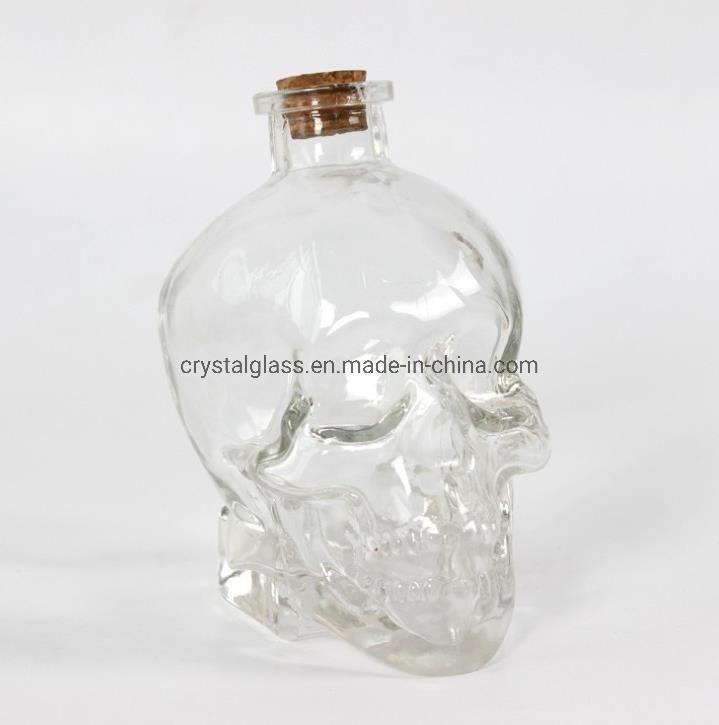 Clear Skull Shape Glass Whiskey Wine Bottle with Stopper 400ml