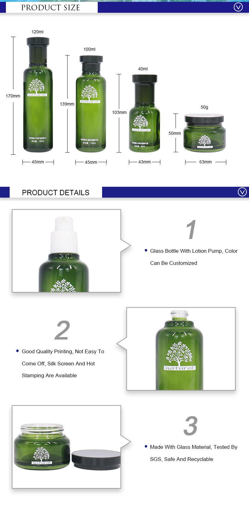 China Manufacturer Customize Luxury Packaging Skincare 120ml 100ml 40ml 50g Green Glass Bottle and Cream Jar