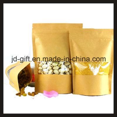 Wholesales Kraft Paper Standing Ziplock Food Packaging Bags with Clear Window for Candy, Seeds, Spice, Tea, Dry Food (18*26+4cm)