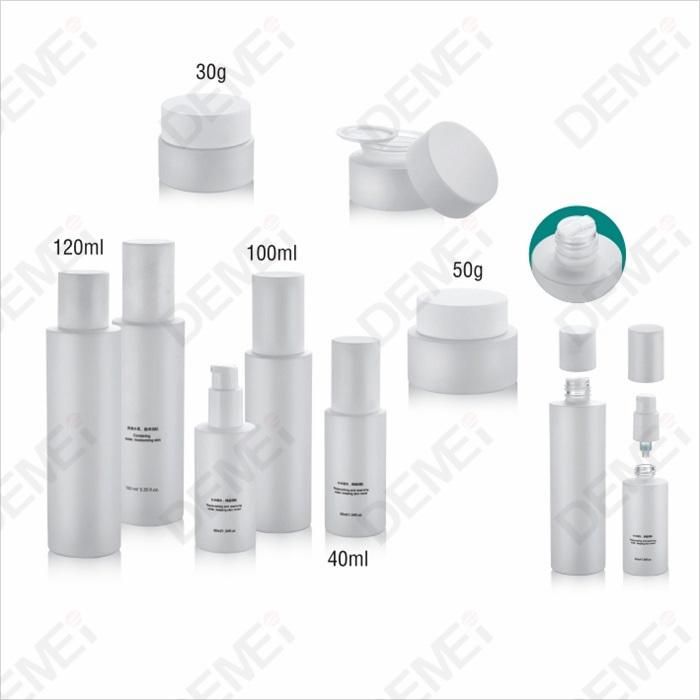 Demei 40/100/120ml 30/50g Cosmetic Skin Care Packaging Lovely White Cylinder Toner Lotion Glass Bottle and Cream Jar Series