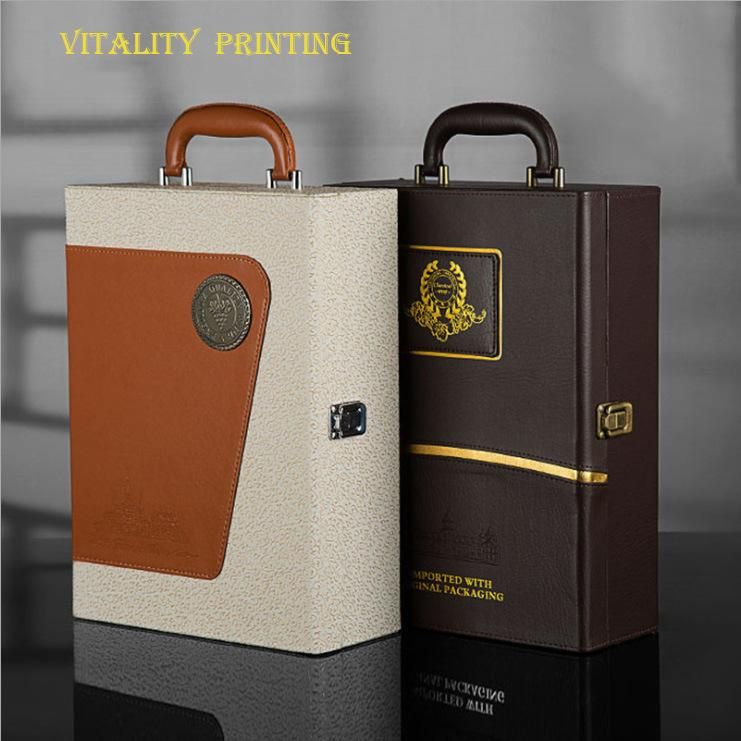 Custom Wholesale Luxury Europe Style Classical Portable PU Leather Wine Packaging Box Liquor Wooden Gift Packing Box/Spot Leather Case/Two Bottles Package