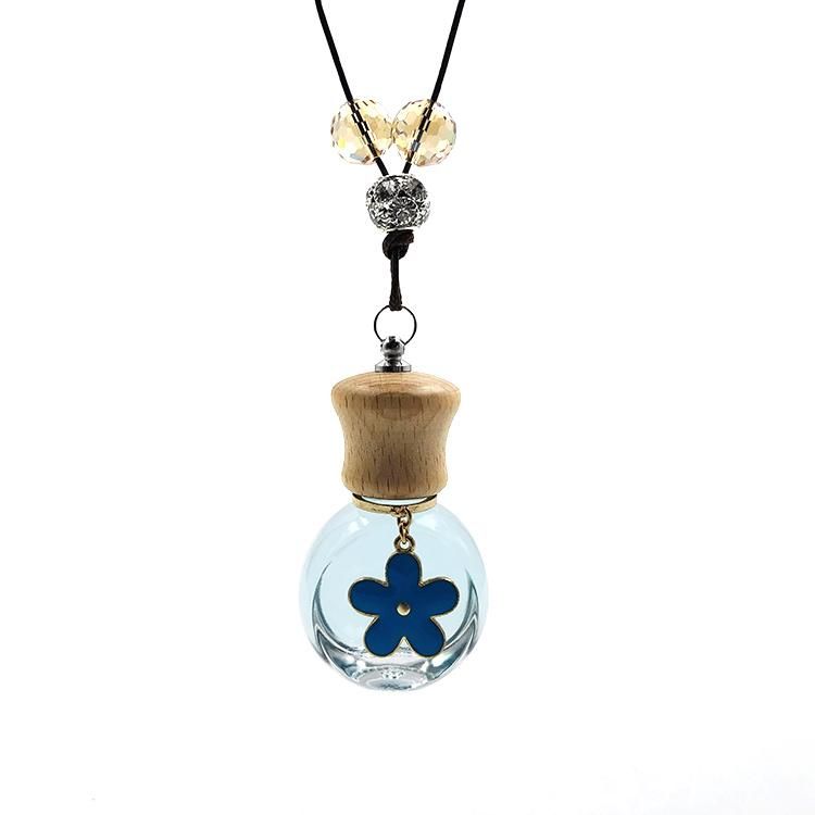Blue Flower Pendant 8ml Flat Round Glass Car Perfume Bottle with Wood Cap