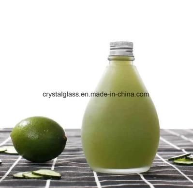 Customized Frost Drop Round Glass Juice Bottle with Metal Lid