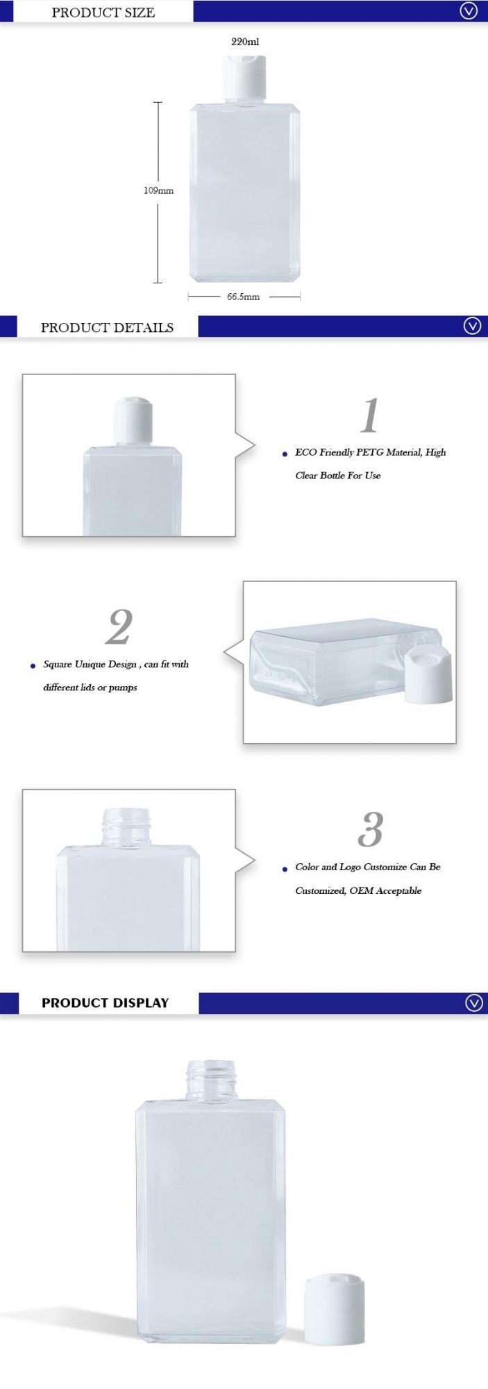 Best- Selling Square Transparent PETG 220ml Shampoo Bottles