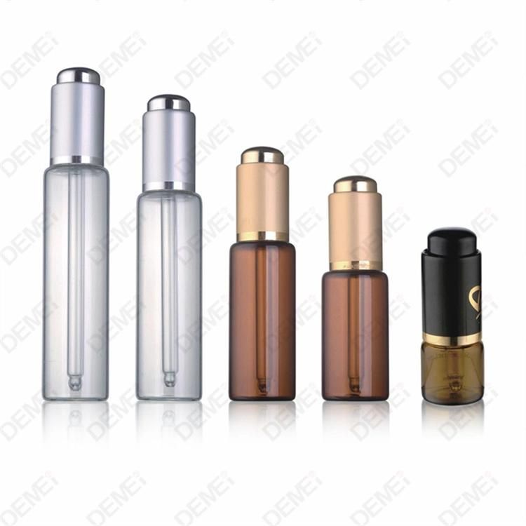 10ml-40ml Wholesale Cosmetic Packaging Stright Round Clear and Amber Serum Essential Oil Tube Glass Bottle with Gold Aluminum Press Button Dropper Cap