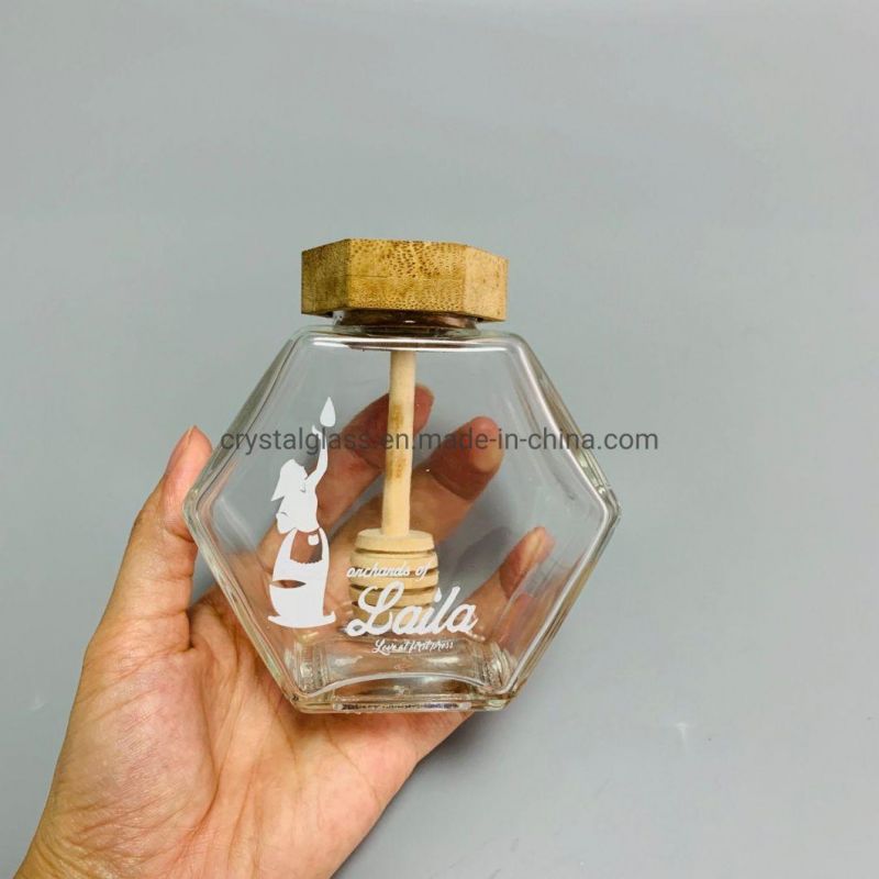 High Quality Luxury Hexagon Empty Glass Honey Jar with Dipper & Bamboo Lid 220ml 380ml