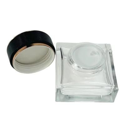 Luxury 30ml 50ml Square Glass Cosmetic Jars Skin Care Cream Jar with Black Gold Lid