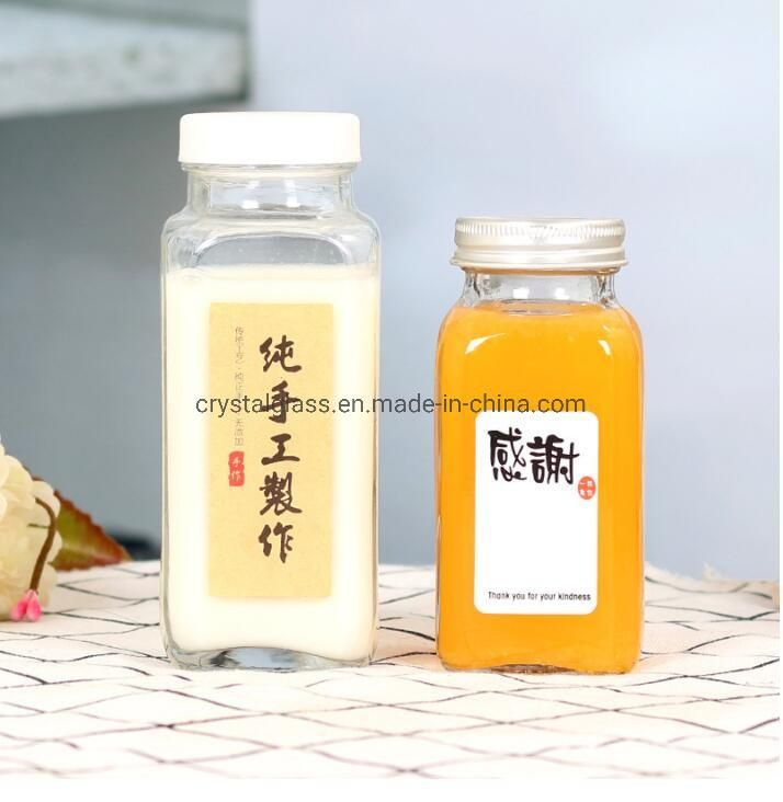 10oz 16oz Empty Square Glass Milk Tea Drinks Bottle with Metal Cap Factory Wholesale