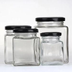 China Manufacturer Supply 500g 380ml Square Glass Honey Bottle/Jar Storage Jam Sauce Canned Pickle Glass Jar with Metal Lids