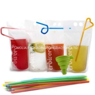 Bio-Degradable Food Grade BPA Free Stand up Disposable Resealable Ziplock Clear Drink Pouch with Straw for Cold Drinks