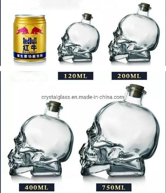 Clear Skull Shape Glass Whiskey Wine Bottle with Stopper 400ml