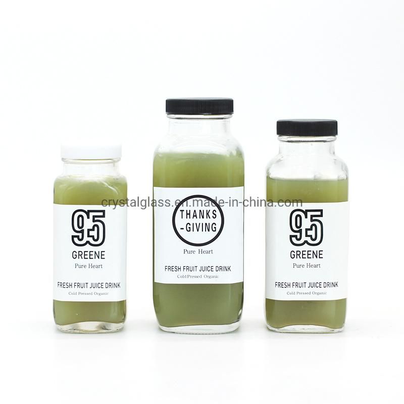 180ml 250ml 350ml 500ml Square Glass Juice Bottle with Plastic or Aluminum Lid