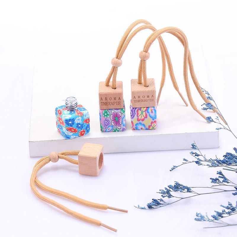 Clay Glass Car Hanging Perfume Bottle Polymer Clay Fimo Empty Car Diffuser Bottle with Wooden Lids