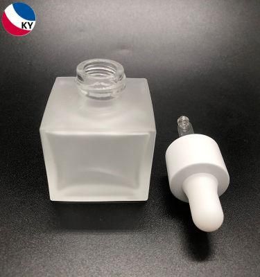 30ml 1oz Clear Frosted Glass Square Bottle with Matte White Dropper Cap