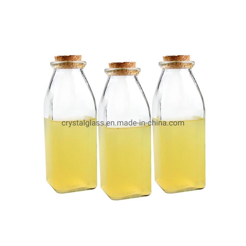 350ml 10oz Custom Logo Printing Glass Square Bottle with Cork for Fresh Milk Juice or Beverage Packing