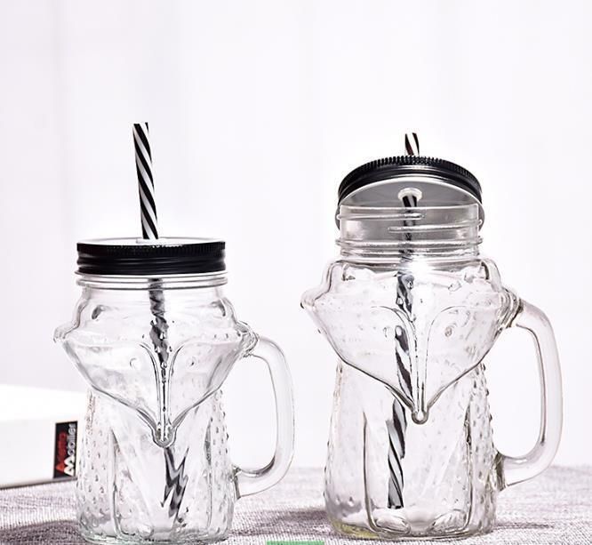 480ml Unique Design Fox Shape Glass Beverage Mugs Mason Jar with Handle and Lid