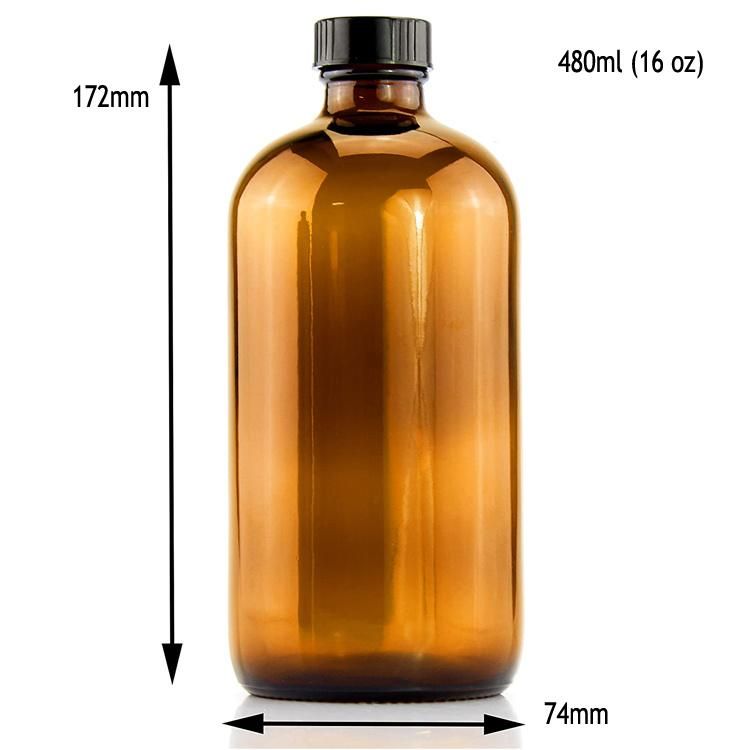 16oz Amber Boston Round Glass Beverage Bottle with Black Poly Cone Cap