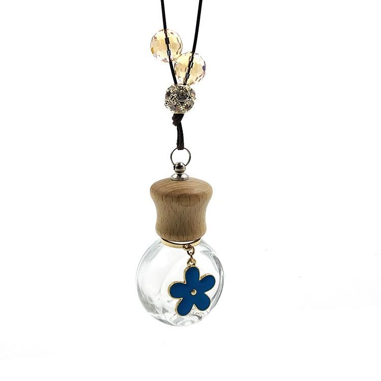 Blue Flower Pendant 8ml Flat Round Glass Car Perfume Bottle with Wood Cap