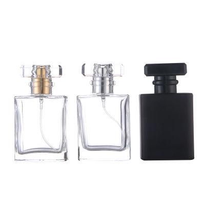 30ml 50ml Glass Perfume Bottle Square Spray Glass Perfume Bottle with Gold Silver Aluminum Mist with Plastic Cover