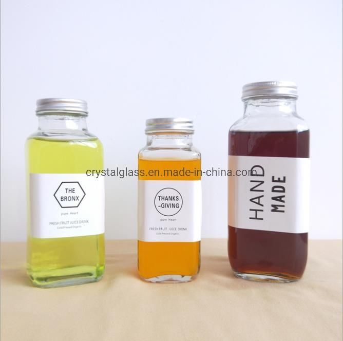 OEM Square Transparent Glass Milk Beverage Bottle with Aluminium Lid 350ml