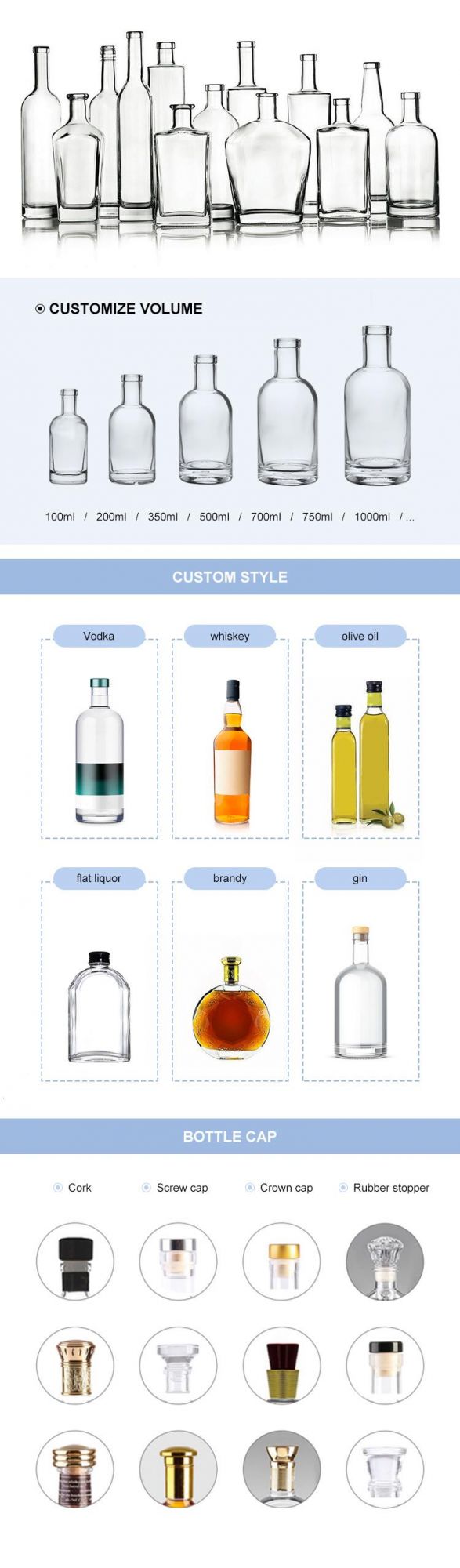 High Quality Vodka Gin Whiskey Olso Liquor Empty Glass Bottle 500ml 750ml 1000ml