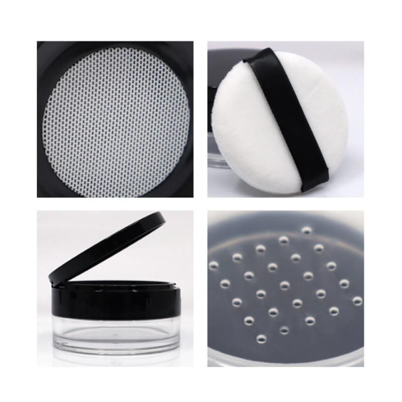 Hot Sell Product Black Makeup Packaging Custom Logo Plastic Empty Round Transparent Loose Powder Jar with Sifter and Puff