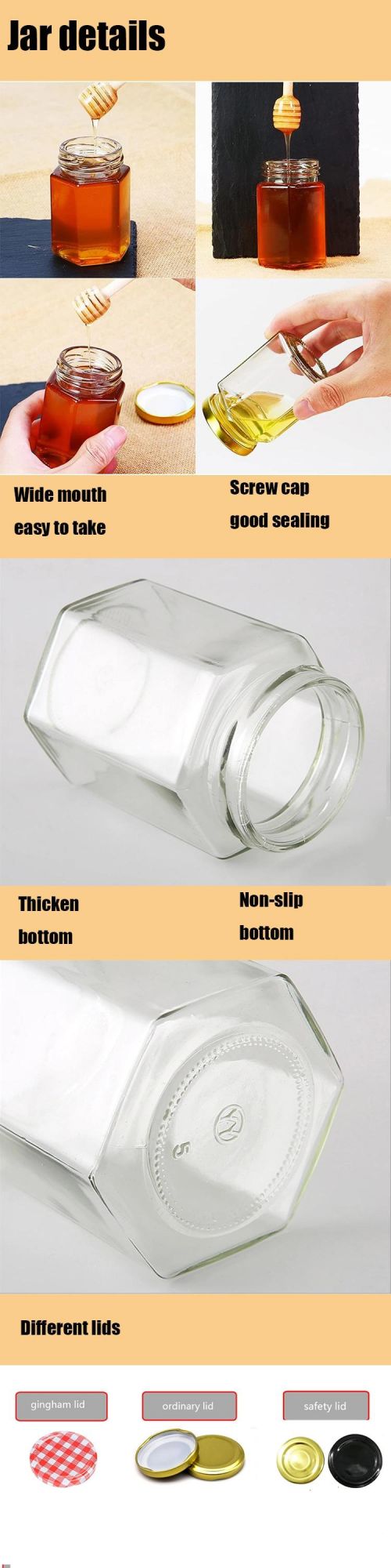 Wholesale 50ml / 100ml / 250ml / 500ml / 1000ml Hexagon Glass Canning Jars