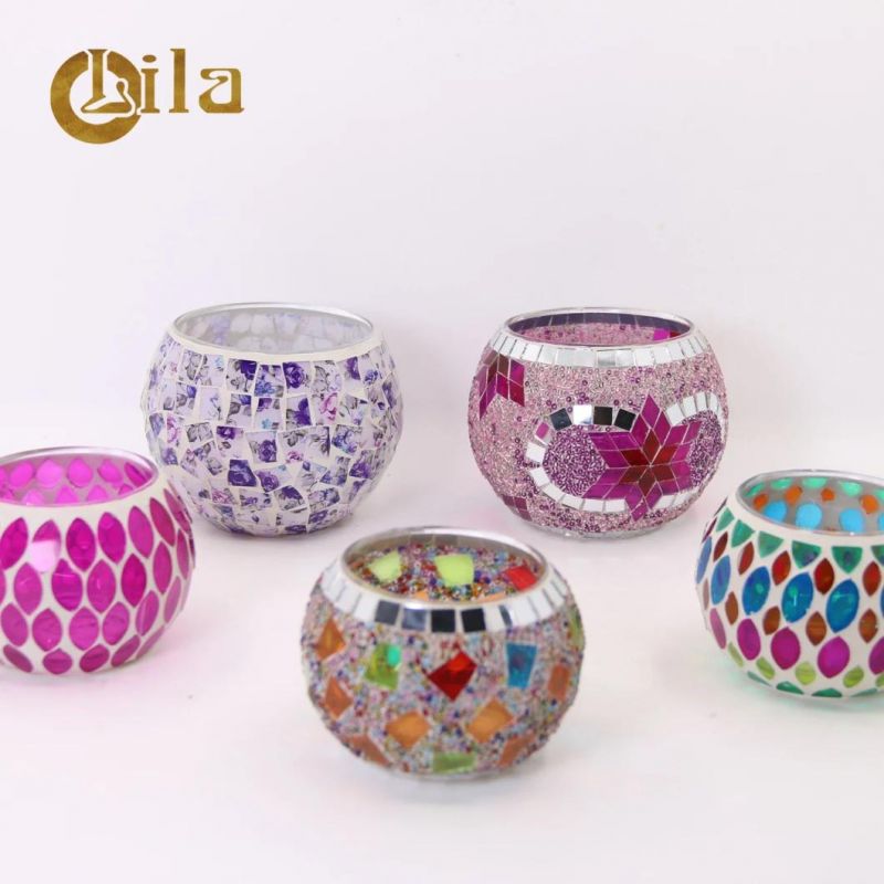 European Round Ball Handmade Mosaic Colored Glass Candlestick Round Glass Candle Jar